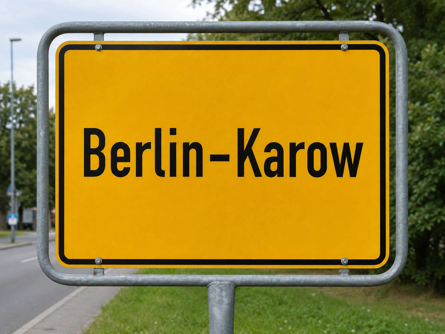 Ortseingangsschild Berlin-Karow als gelbes Stadtschild am Straßenrand in Berlin-Karow